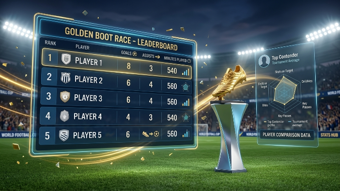 FIFA World Cup 2026 Golden Boot leaderboard infographic showing goals, assists, and minutes played.