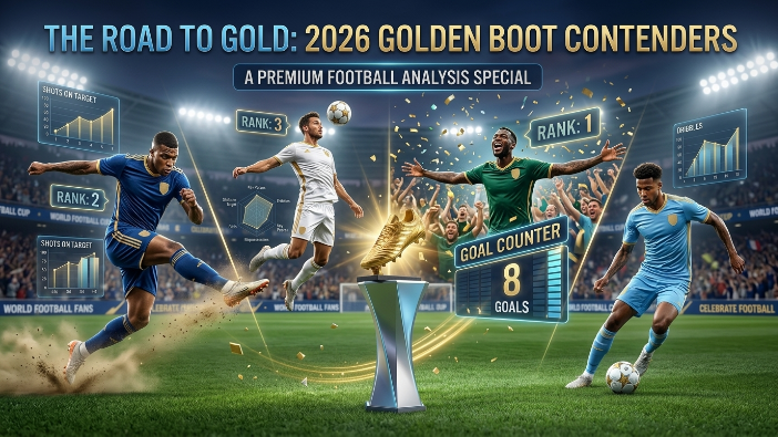 FIFA World Cup 2026 Golden Boot contenders with football players in action, a stadium background, and a Golden Boot trophy graphic.