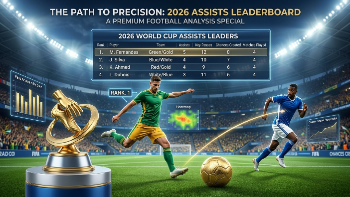 FIFA World Cup 2026 assists leaderboard and top playmakers featuring a midfielder delivering a decisive through pass with a leaderboard overlay in a packed stadium.