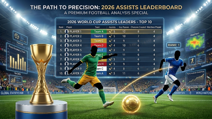 Latest FIFA World Cup 2026 assists standings with a Top 10 assist leaderboard infographic and player silhouettes.