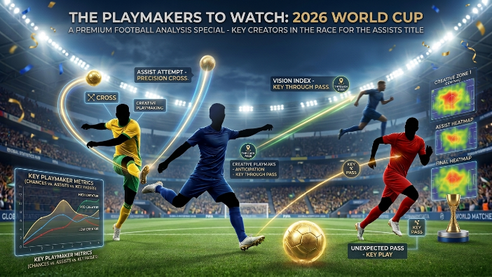 Top FIFA World Cup 2026 playmakers competing for the assists title with key passes during a football match.