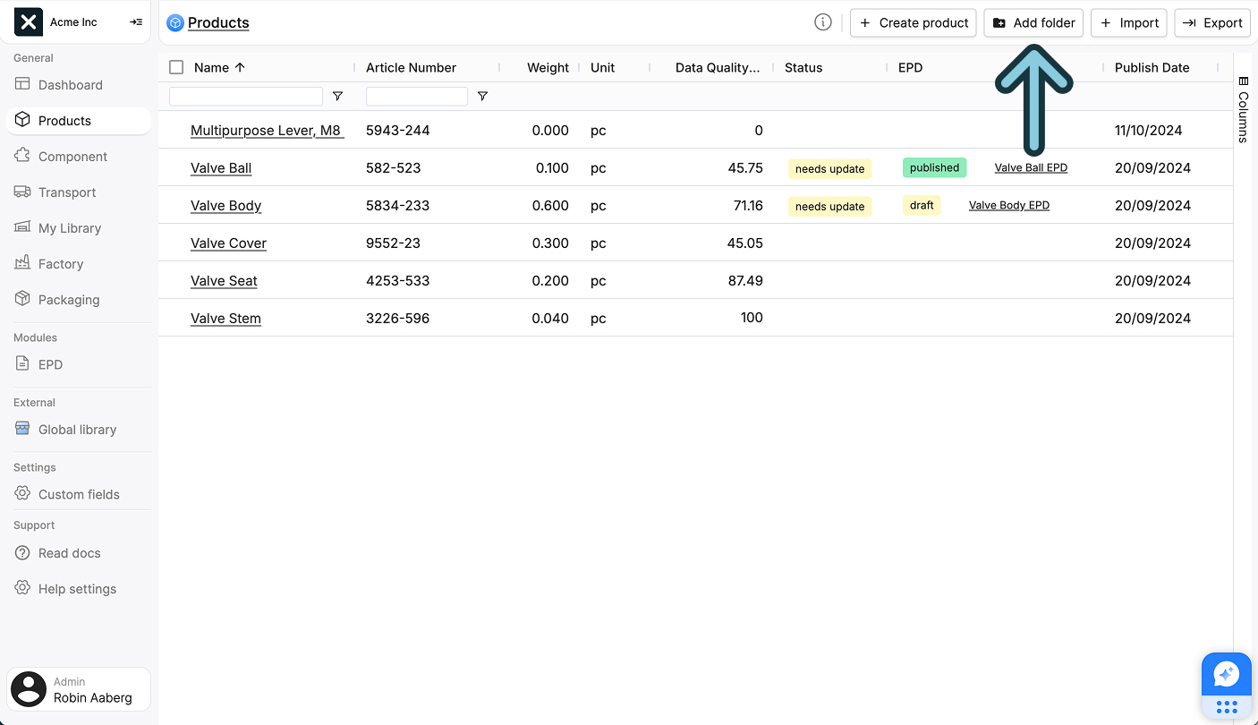 A screenshot of the EandoX platform showing a user where to click to create a new folder in the Products list view.