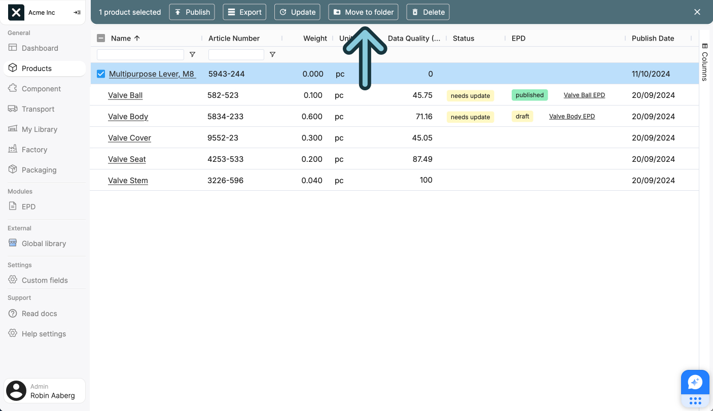 A screenshot of the EandoX platform showing where a user clicks to move Product records in the list view to a specific folder.