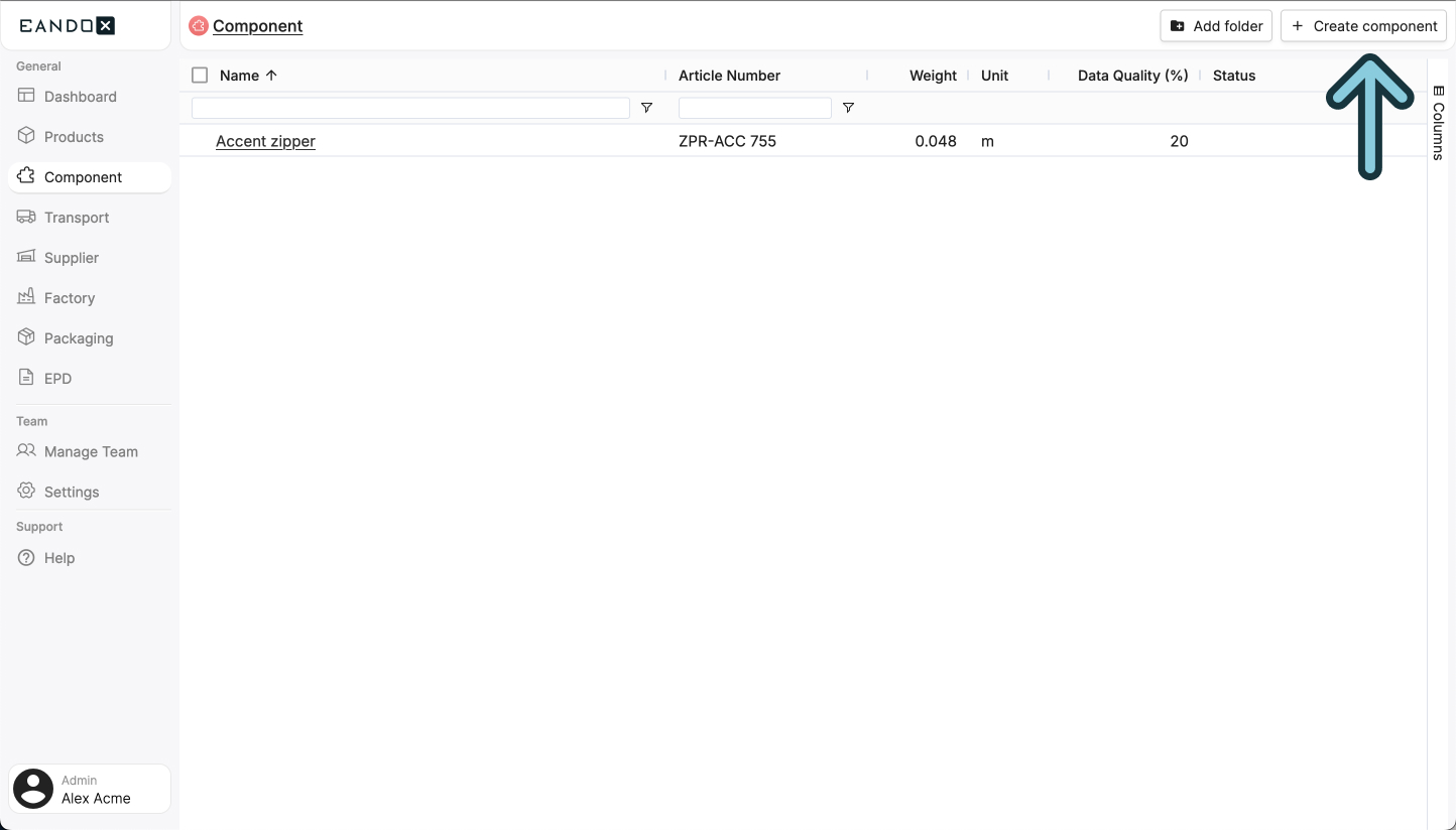 A screenshot of the EandoX platform showing a user where to click to Create a Component record.