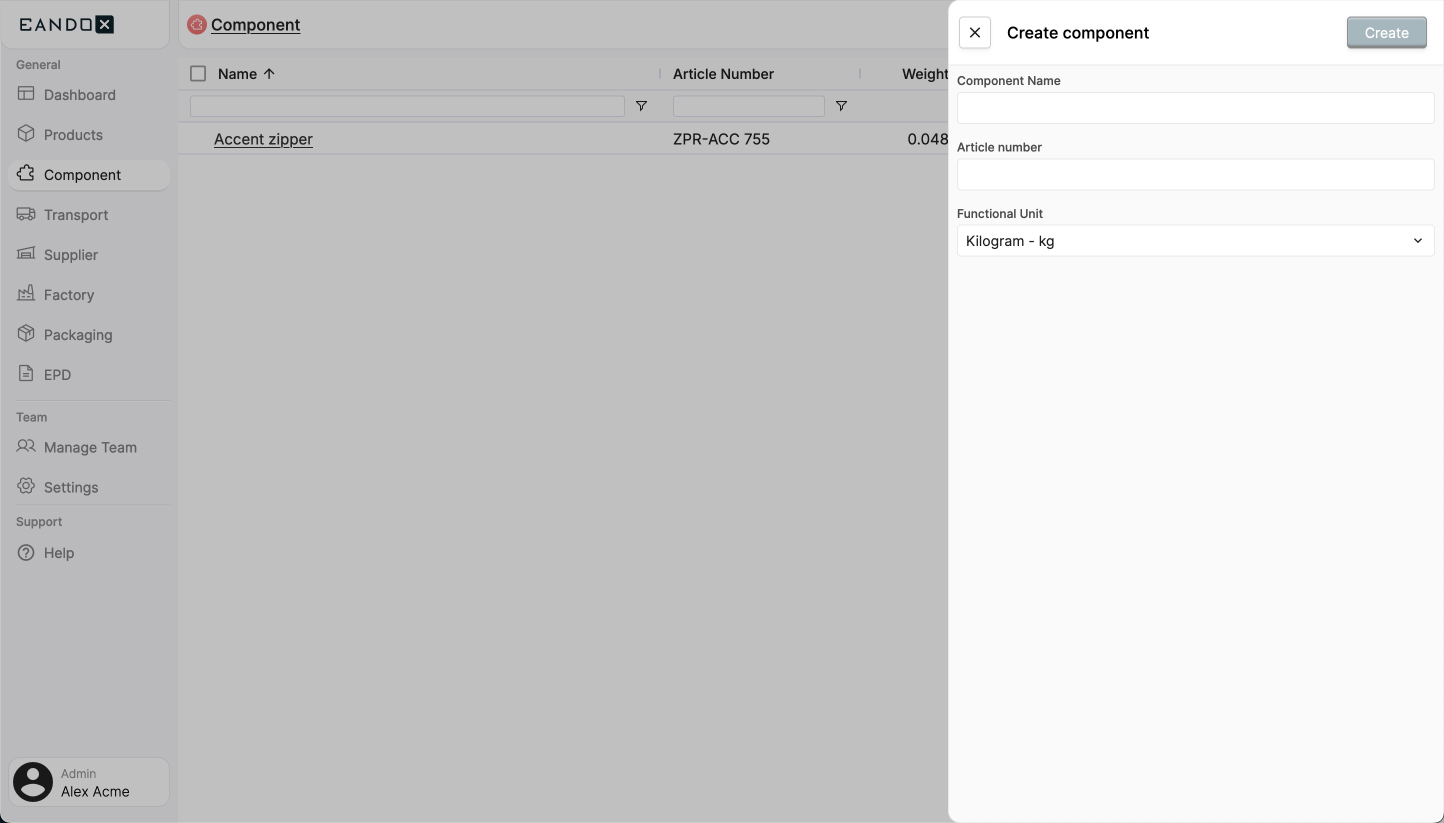 A screenshot of the EandoX platform showing the side-panel view shown when a user is creating a new Component record.