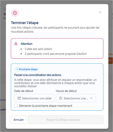 Terminer l’étape et programmer la concrétisation