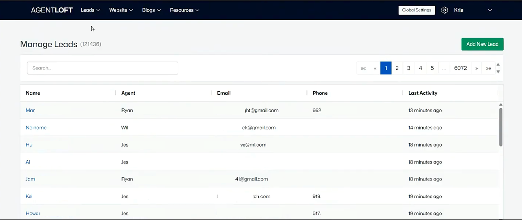 Manage Leads: name, assigned agent, email, phone, and last activity