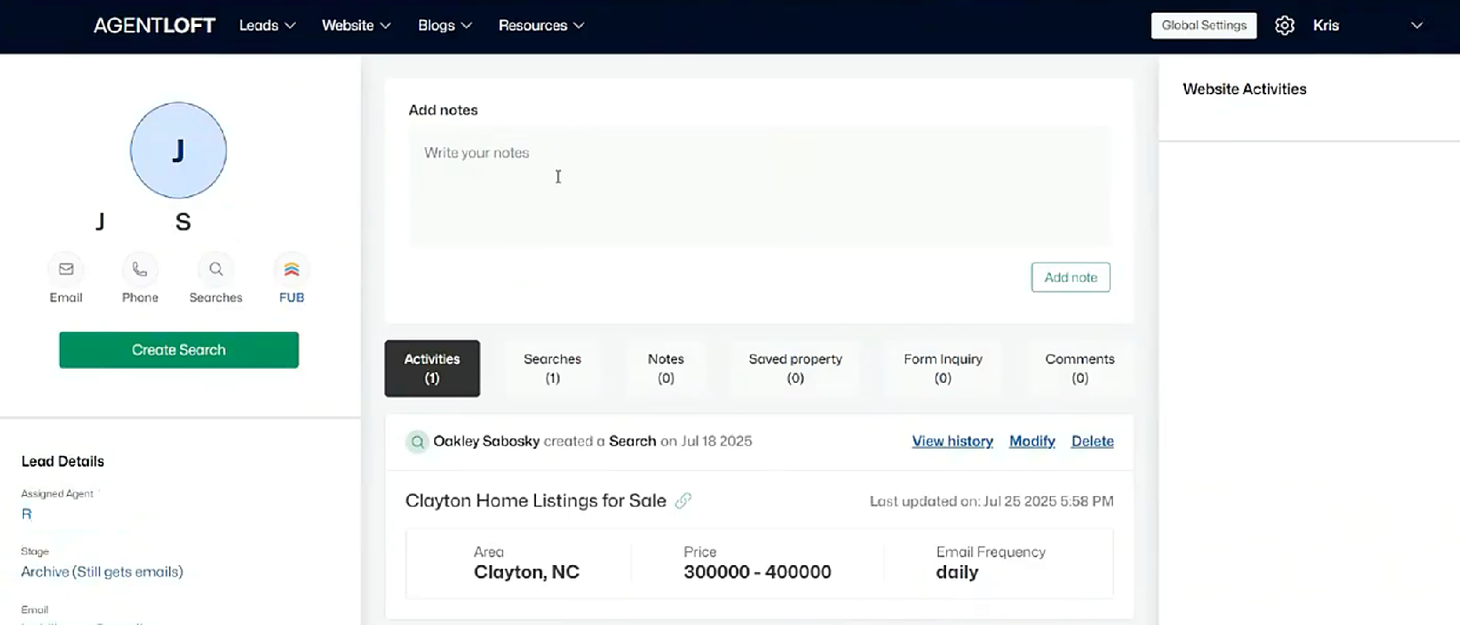 A lead record: details on the left, notes and activity tabs in the center
