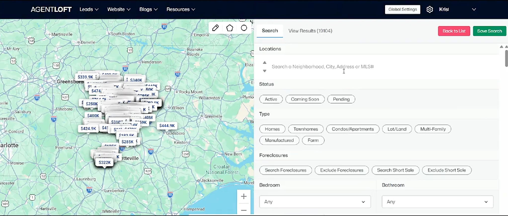 Create Search: the map on the left, the filters on the right