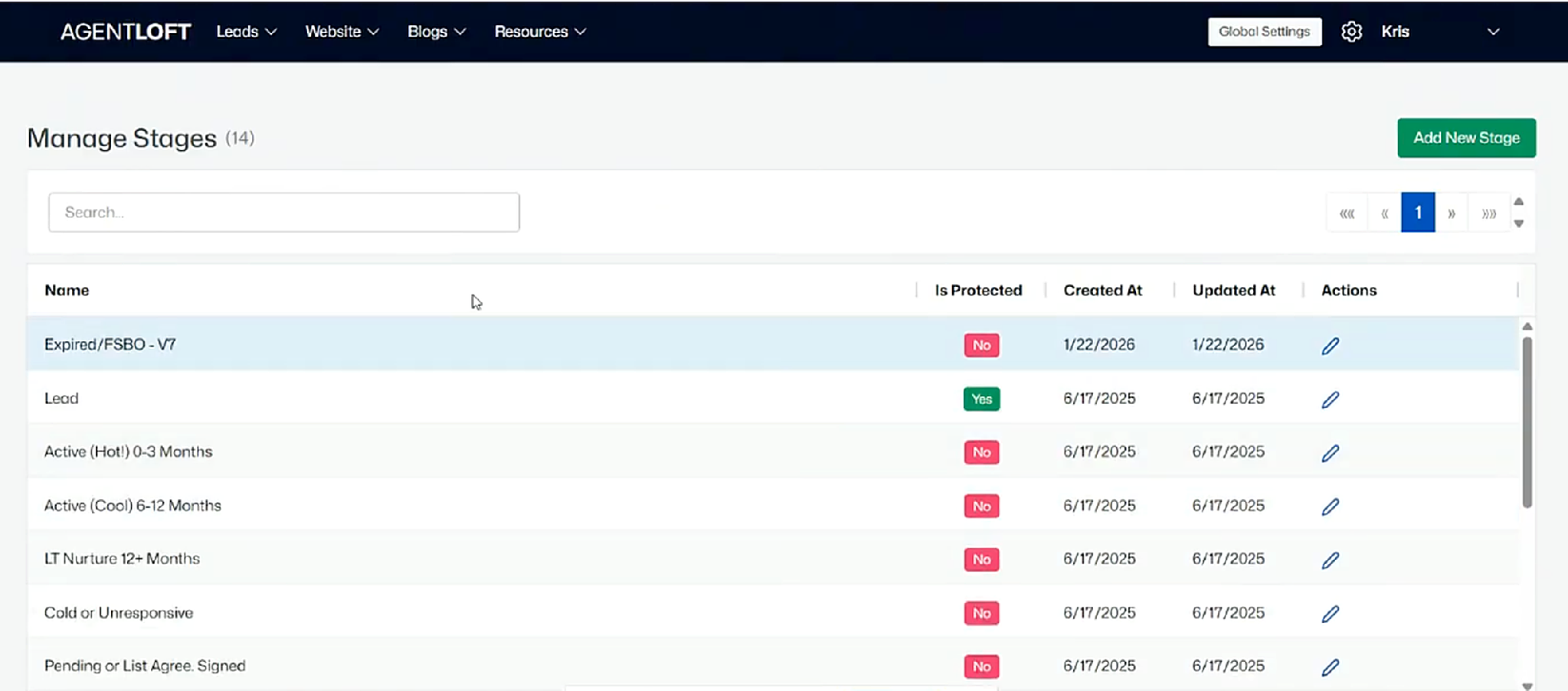 Manage Stages: every stage set up in the account