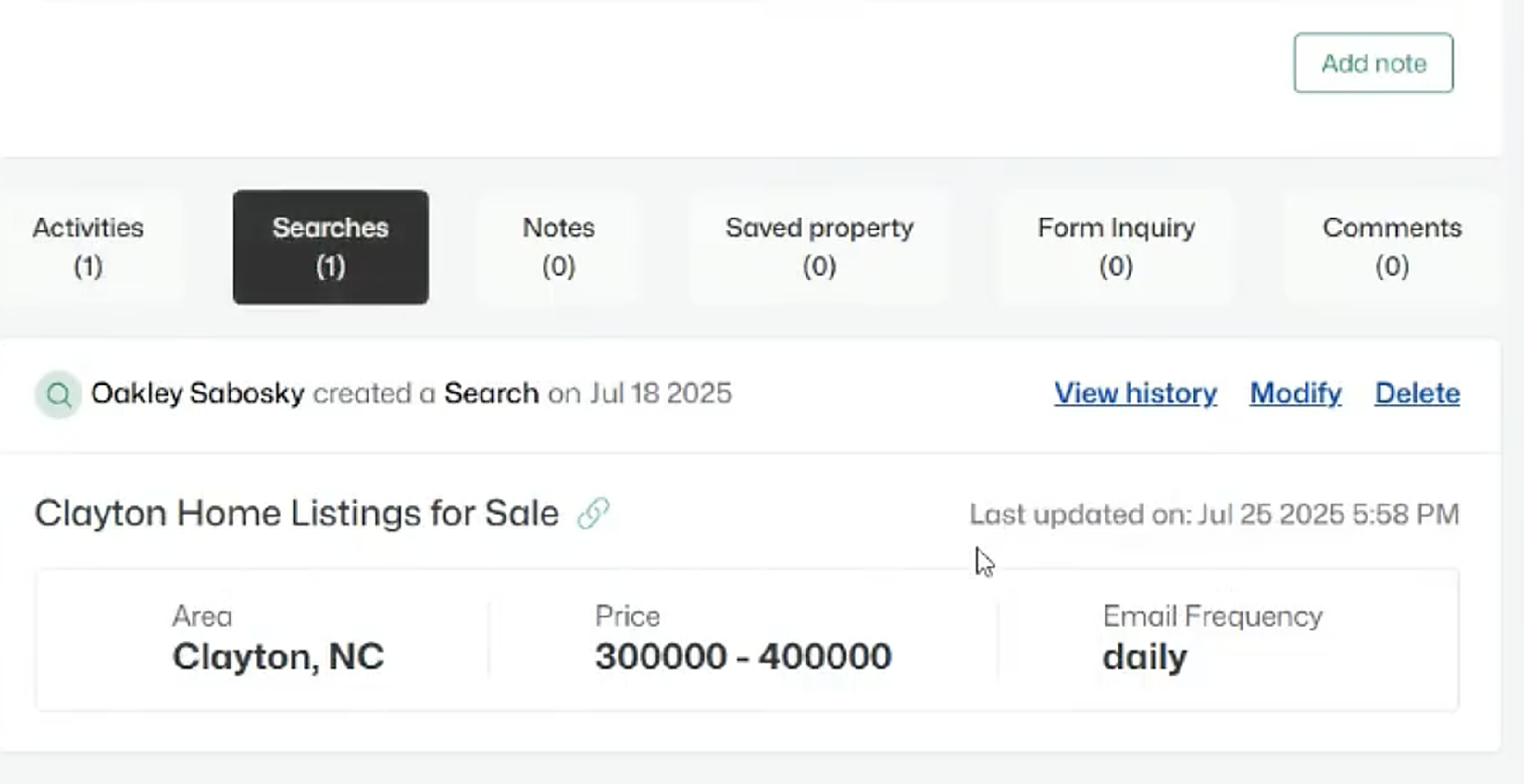 Searches tab on a lead record