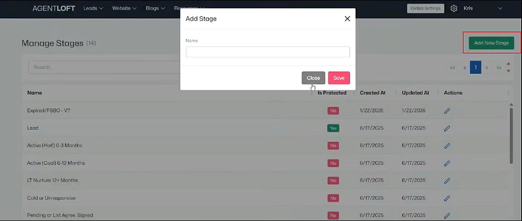 Add Stage: type the name, then save