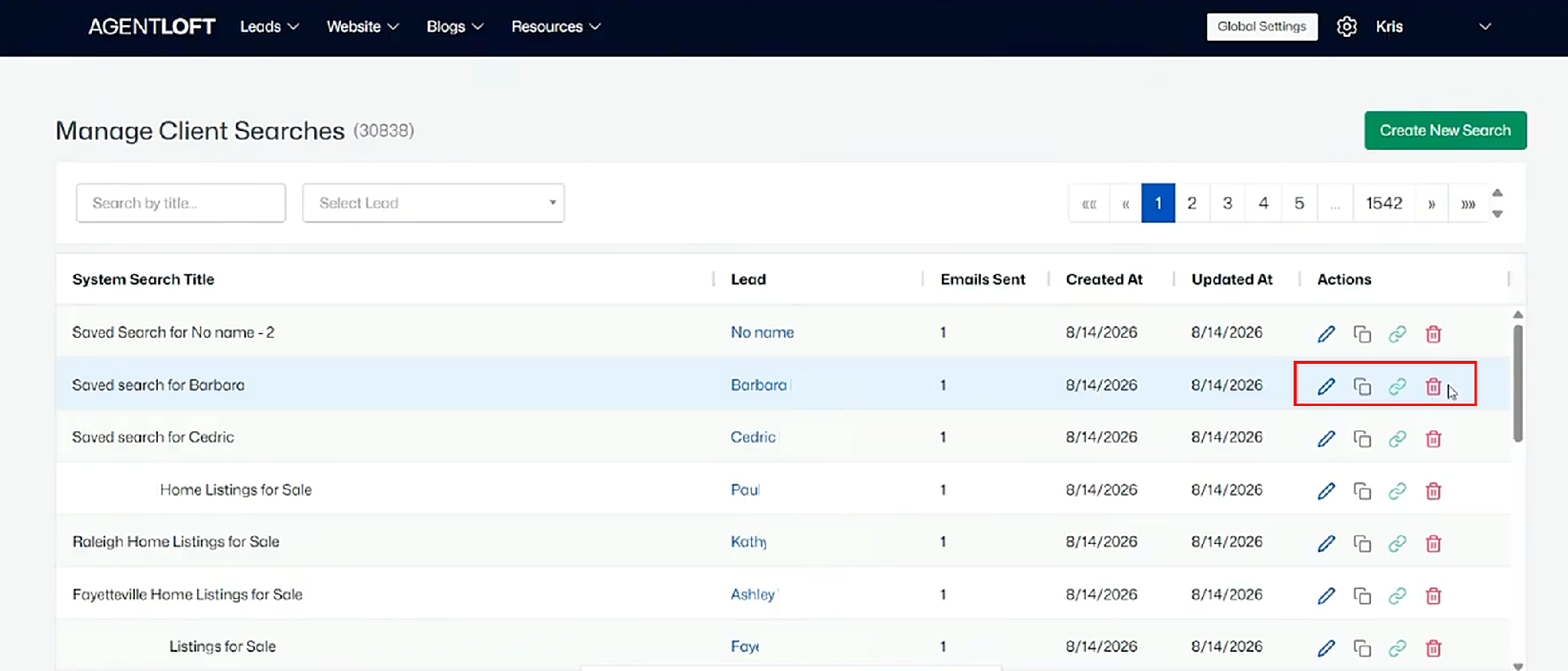 Manage Client Searches: every saved search in the account