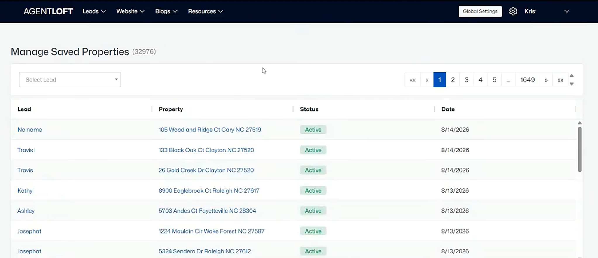 Manage Saved Properties: lead, property, status, and date