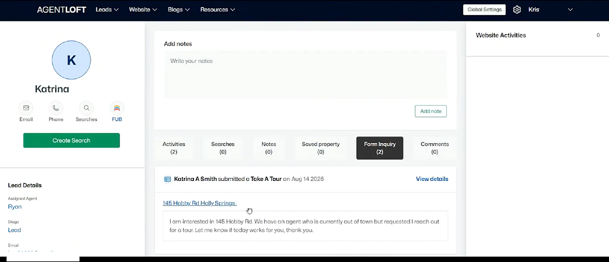 Lead record: the Form Inquiry tab