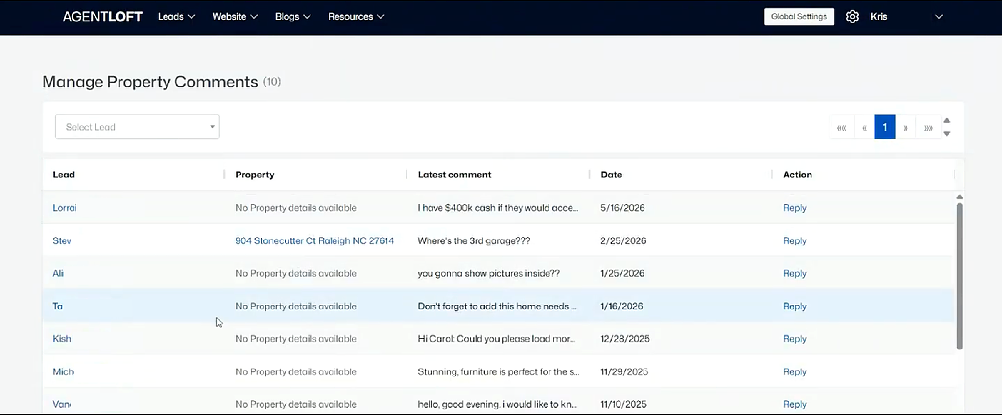 Manage Property Comments: lead, property, latest comment, and date