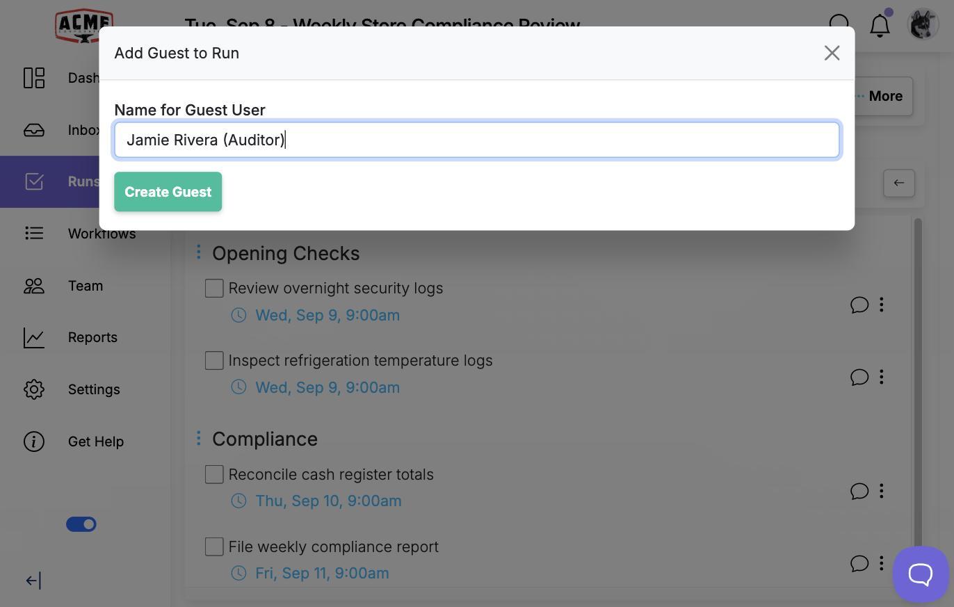 The Add Guest to Run dialog with a name entered and the Create Guest button