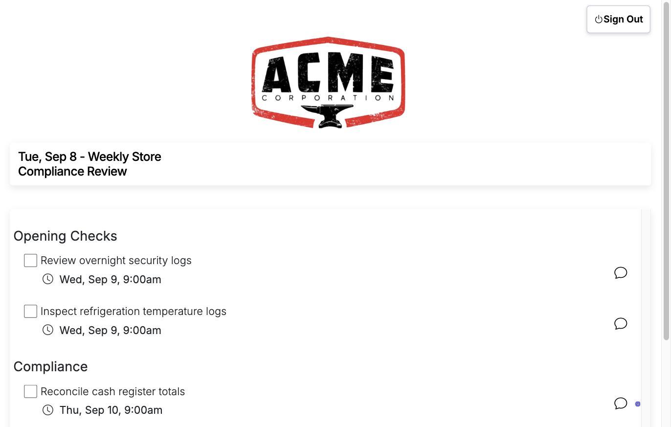 A guest's view of a run: the account logo, the run title, its steps and a Sign Out button, with no other navigation