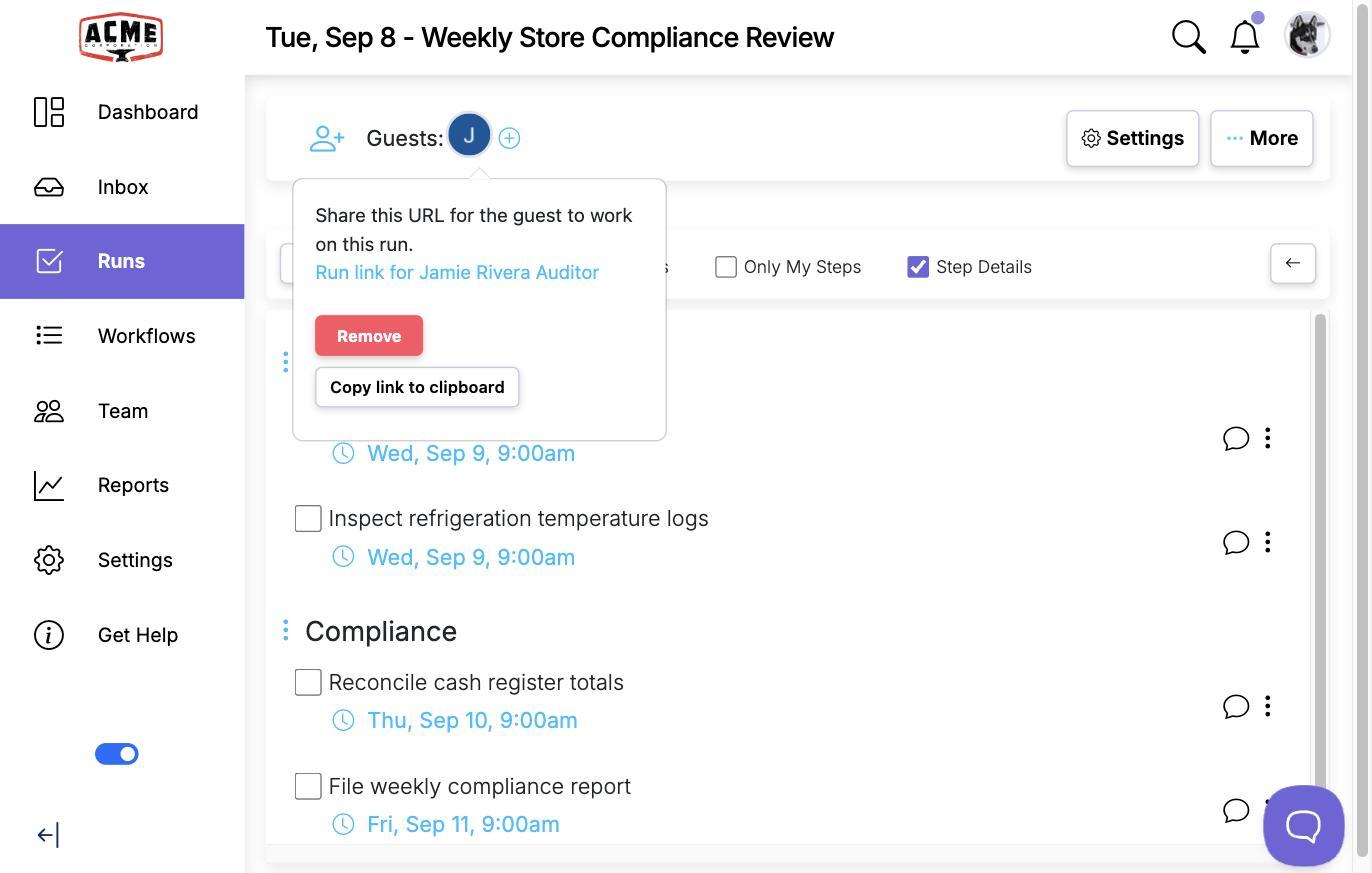 A run header with the Guests list, and the guest's popover showing the run link, Remove and Copy link to clipboard