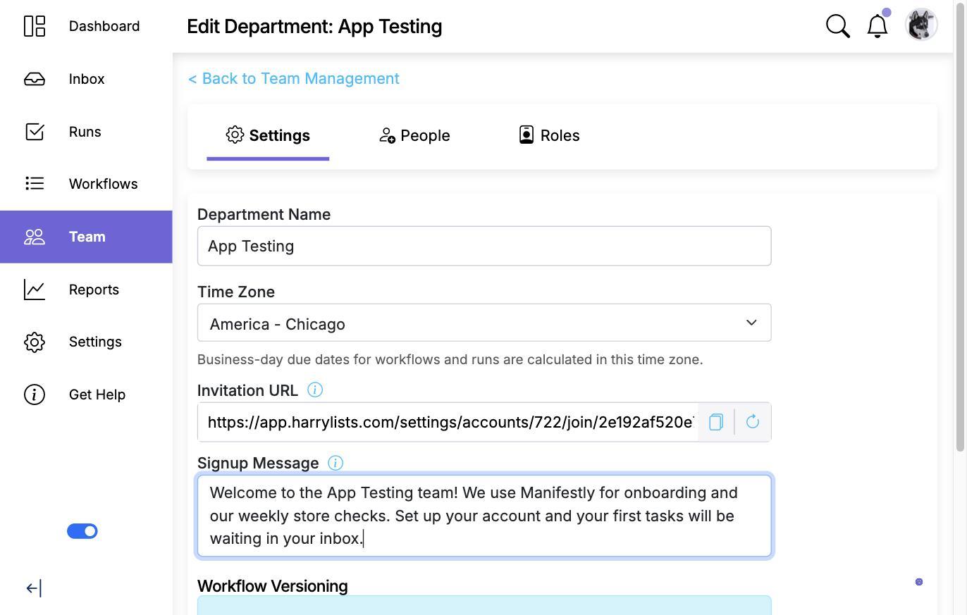 A department's Settings tab with the Signup Message box filled in, above the Invitation URL field