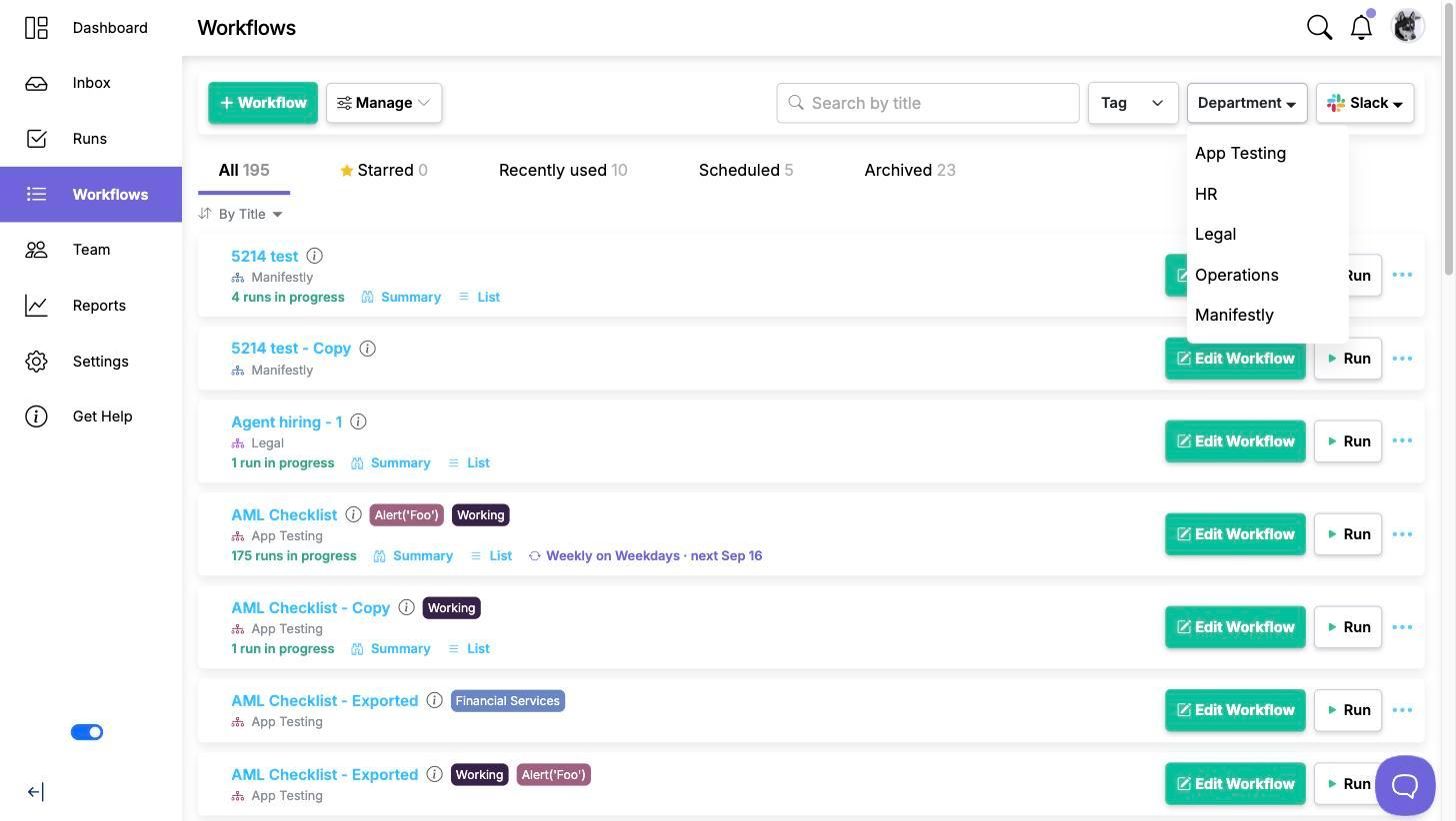 The Workflows list toolbar with the Department filter dropdown open, listing the departments in the account