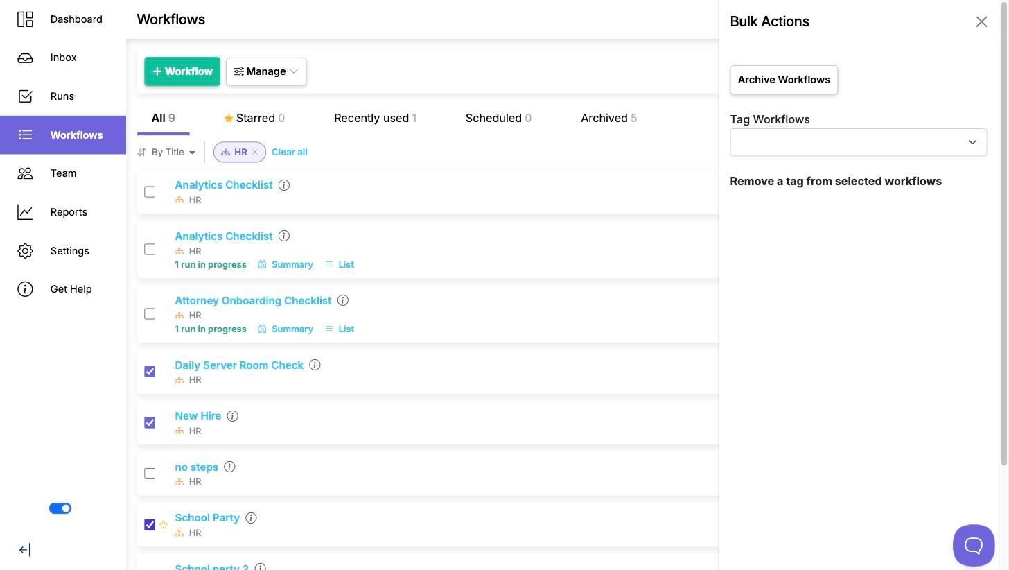 The Workflows list filtered to one department with three rows ticked, and the Bulk Actions panel open on the right