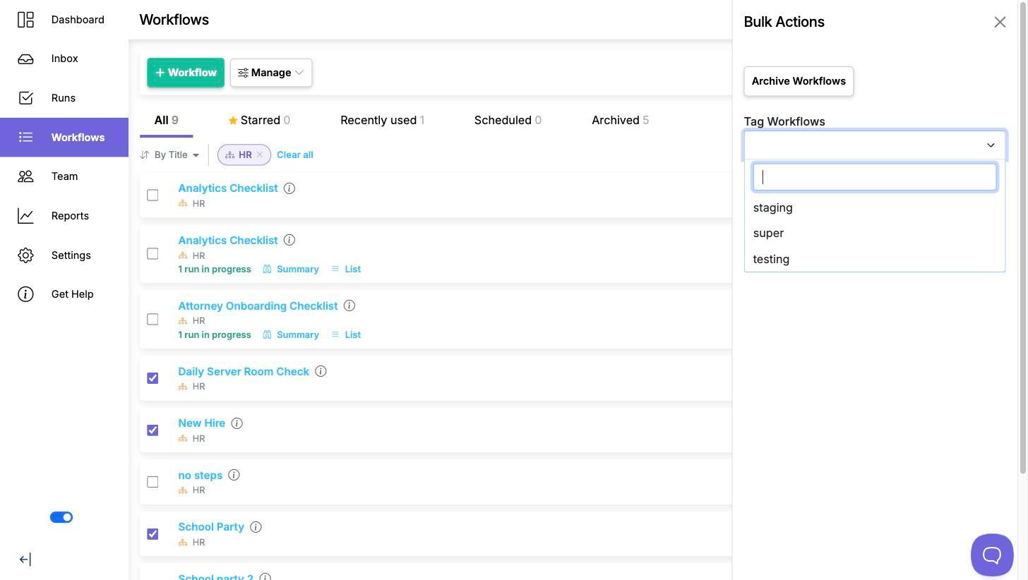 The Bulk Actions panel with the Tag Workflows dropdown open, showing a search box and the existing tags