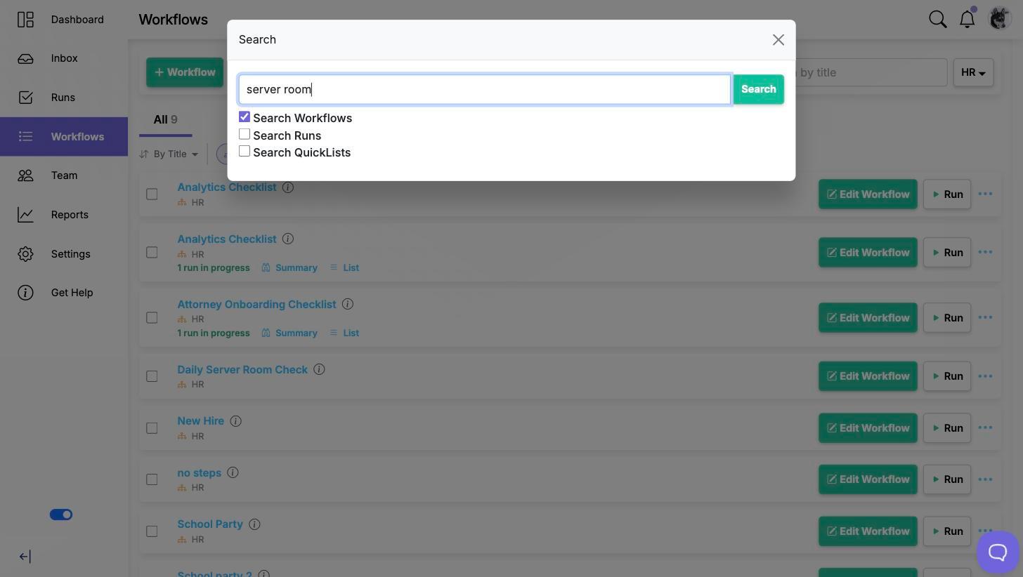 The Search dialog with a term typed in and the Search Workflows, Search Runs and Search QuickLists checkboxes below it