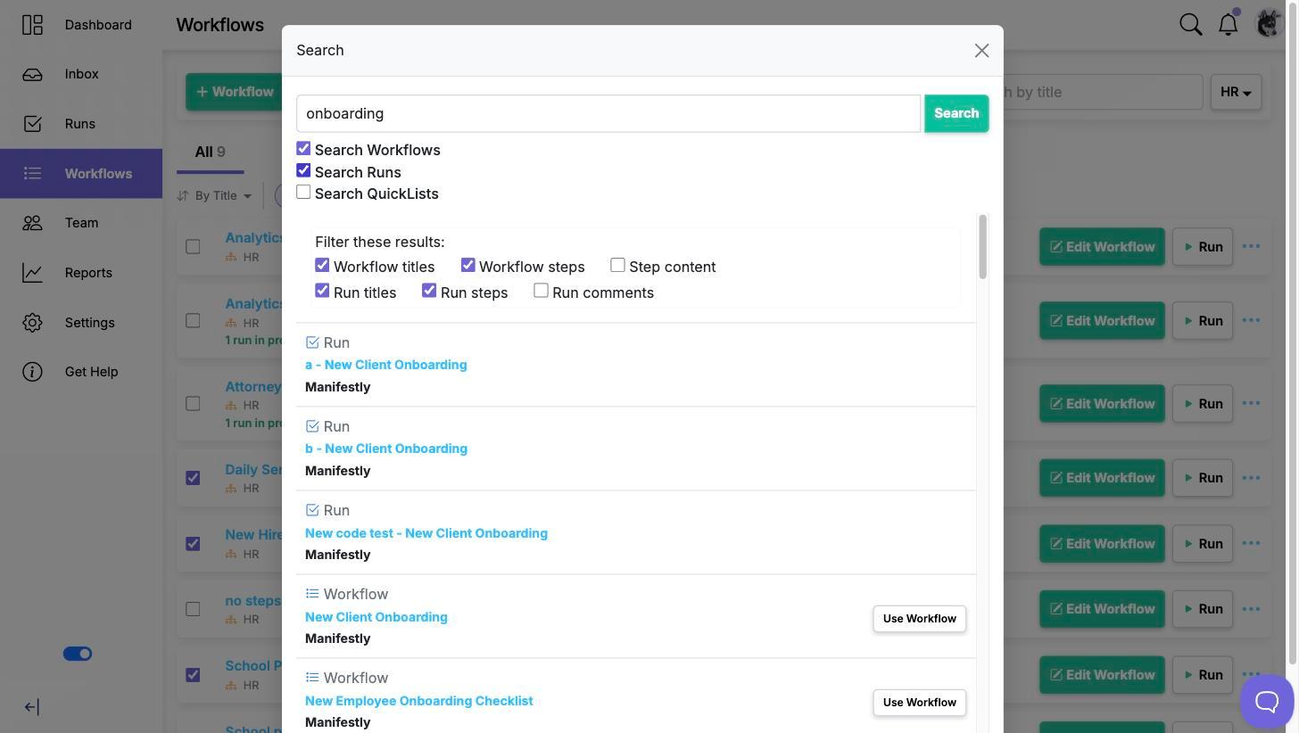 Search results with the Filter these results panel above them, showing Workflow titles, Workflow steps, Step content, Run titles, Run steps and Run comments