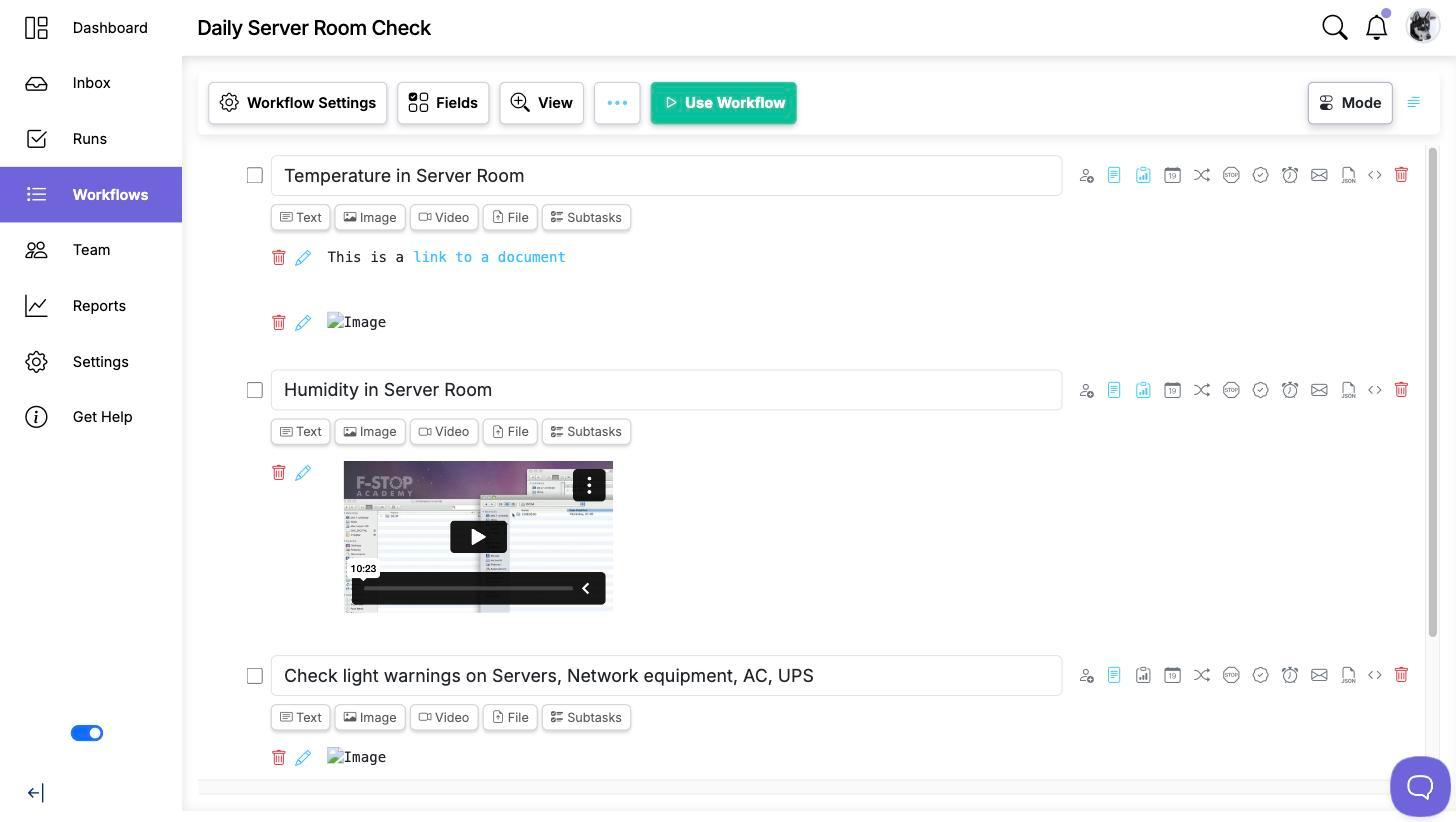 The workflow editor showing the Text, Image, Video, File and Subtasks buttons on each step, with a text link on one step and an embedded video player on another