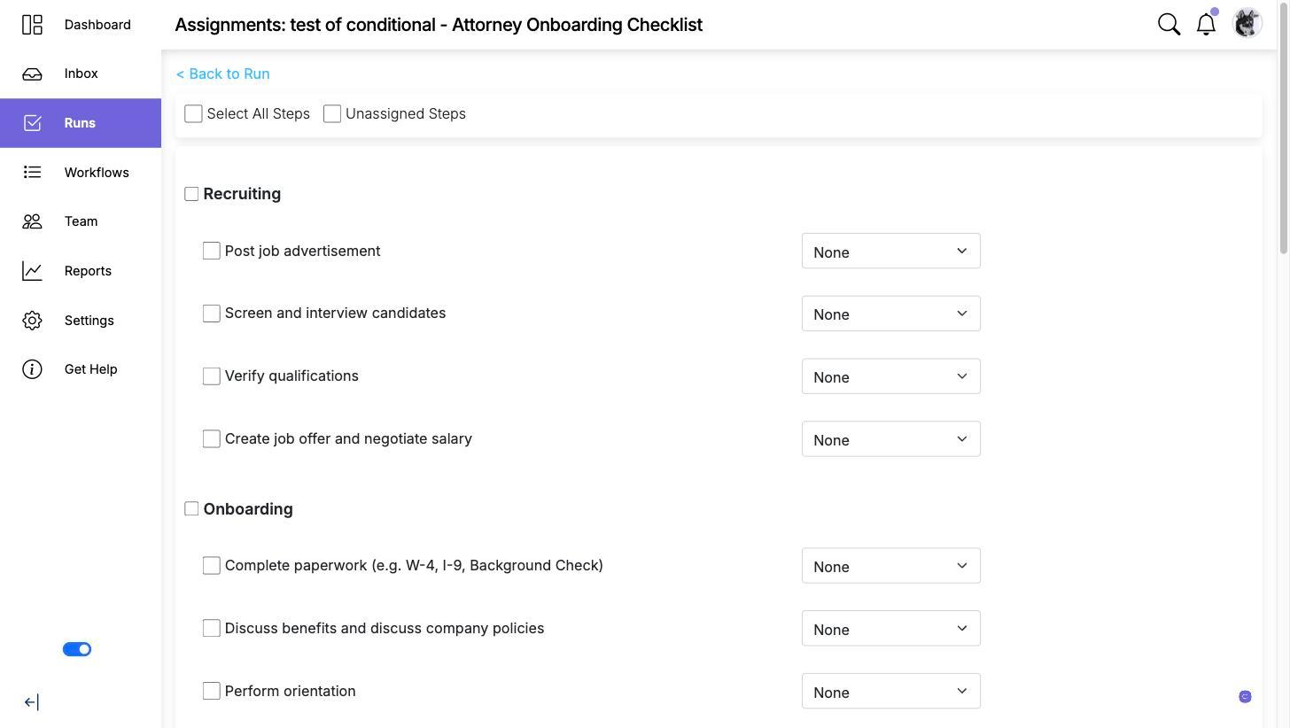 The run assignments page with Select All Steps and Unassigned Steps at the top, and every step listed by section with its own assignee dropdown