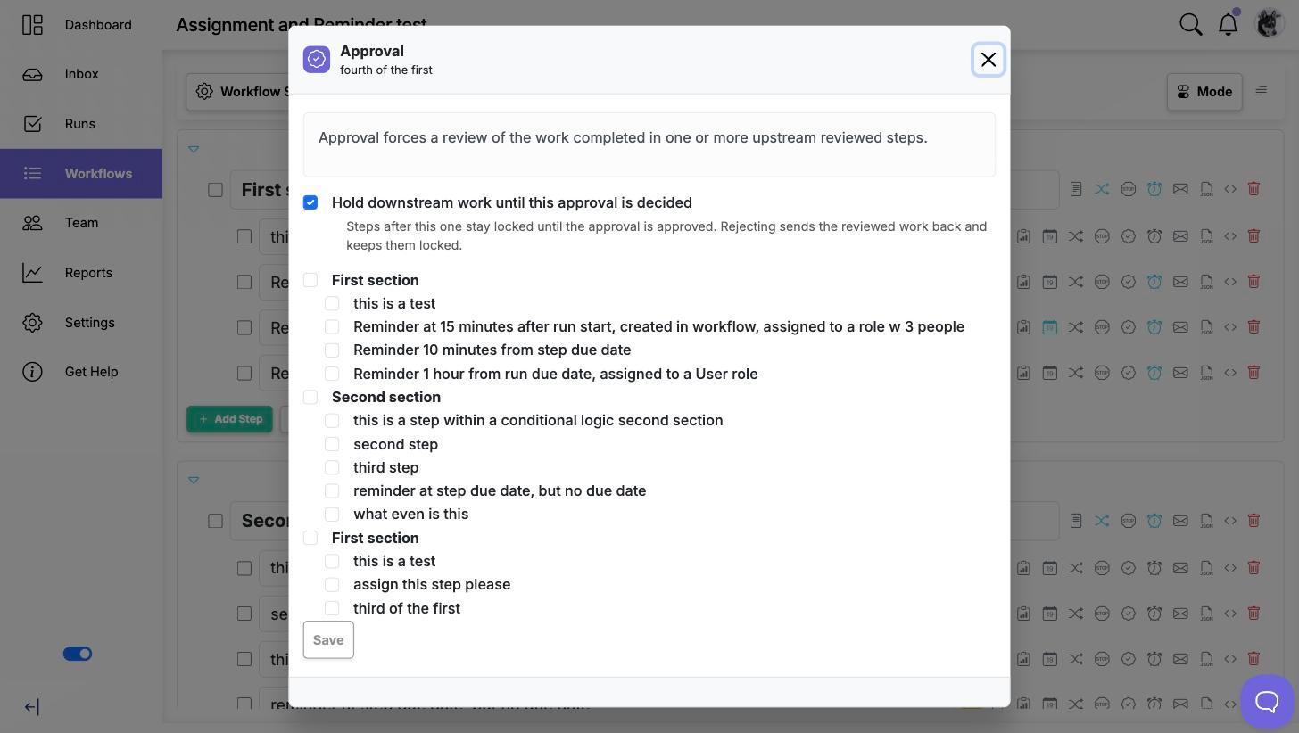 The Approval dialog showing the Hold downstream work checkbox and the list of upstream steps grouped under their section headings
