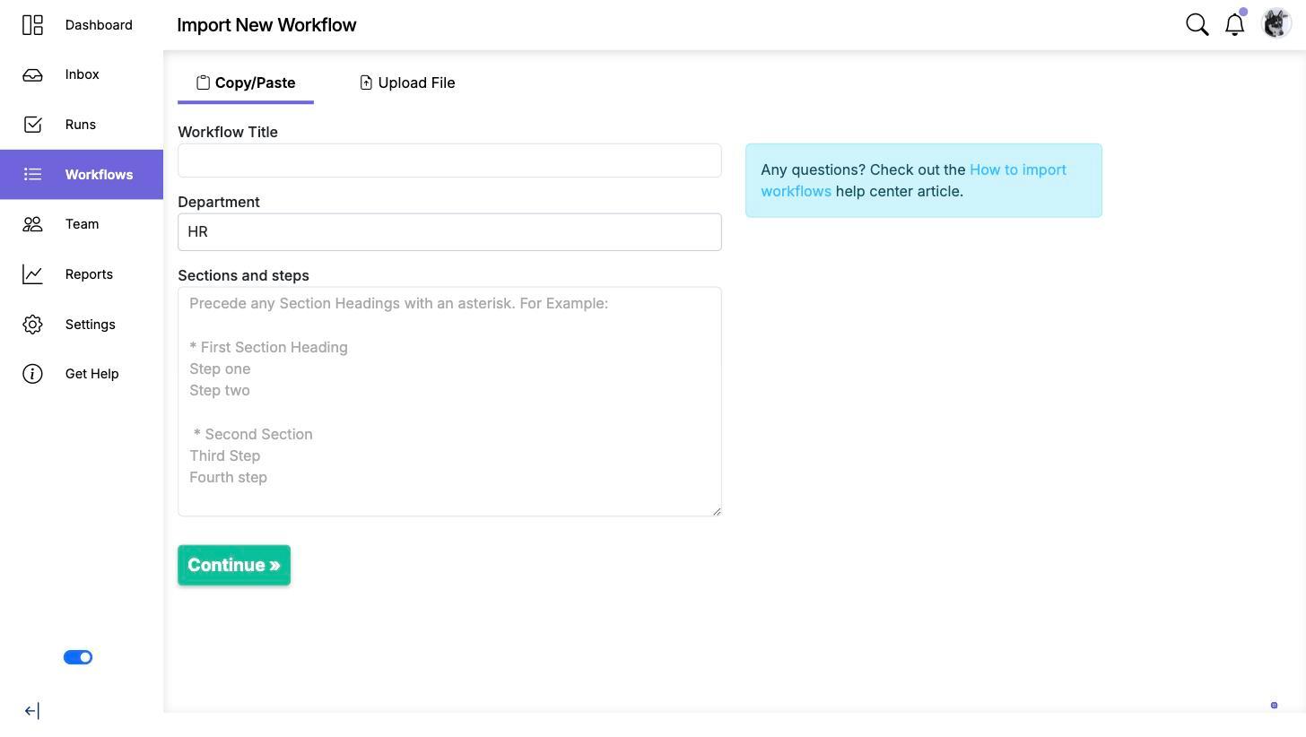 The Import New Workflow page with its Copy/Paste and Upload File tabs, Workflow Title, Department and the Sections and steps box