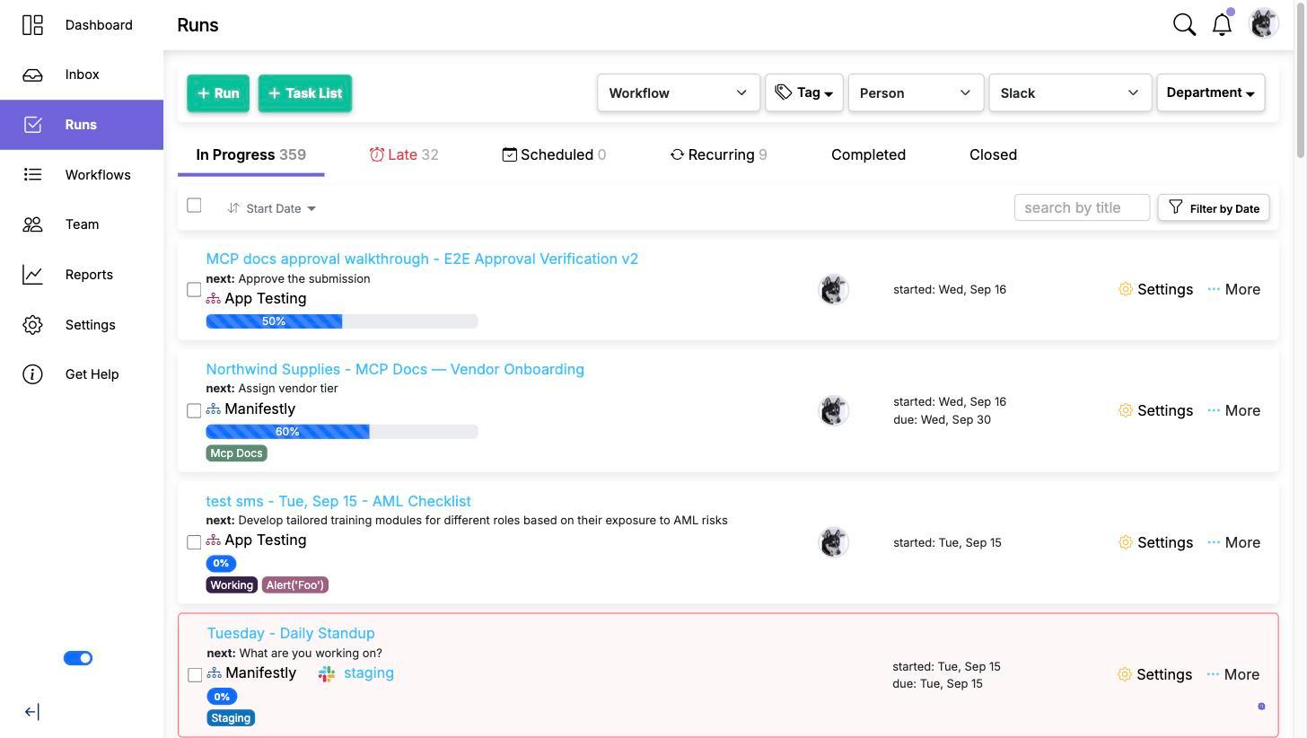 The Runs page showing the In Progress, Late, Scheduled, Recurring, Completed and Closed tabs, the workflow, tag, person, Slack and department filters, and runs with their progress bars