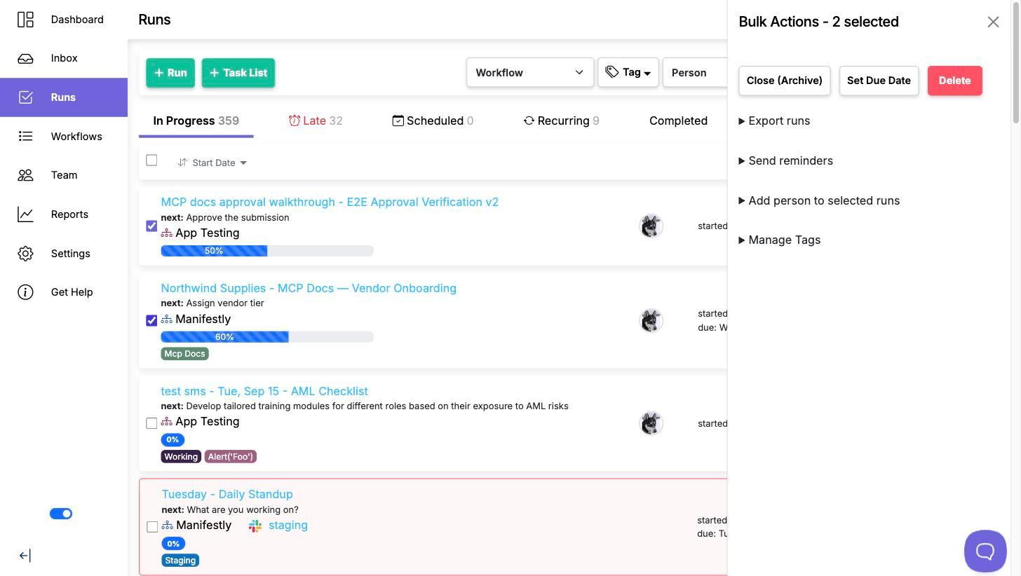 The Bulk Actions panel headed 2 selected, showing Close (Archive), Set Due Date, Delete, and the Export runs, Send reminders, Add person to selected runs and Manage Tags sections