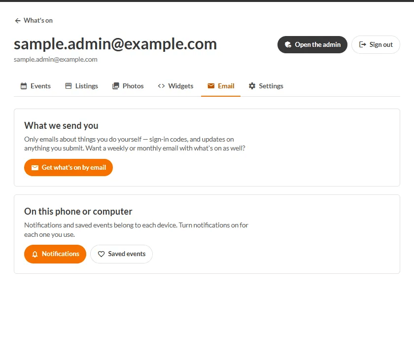 The Email tab of the account page