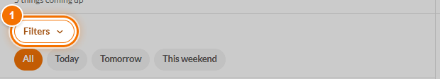 The Filters button and quick date chips above the What's On list