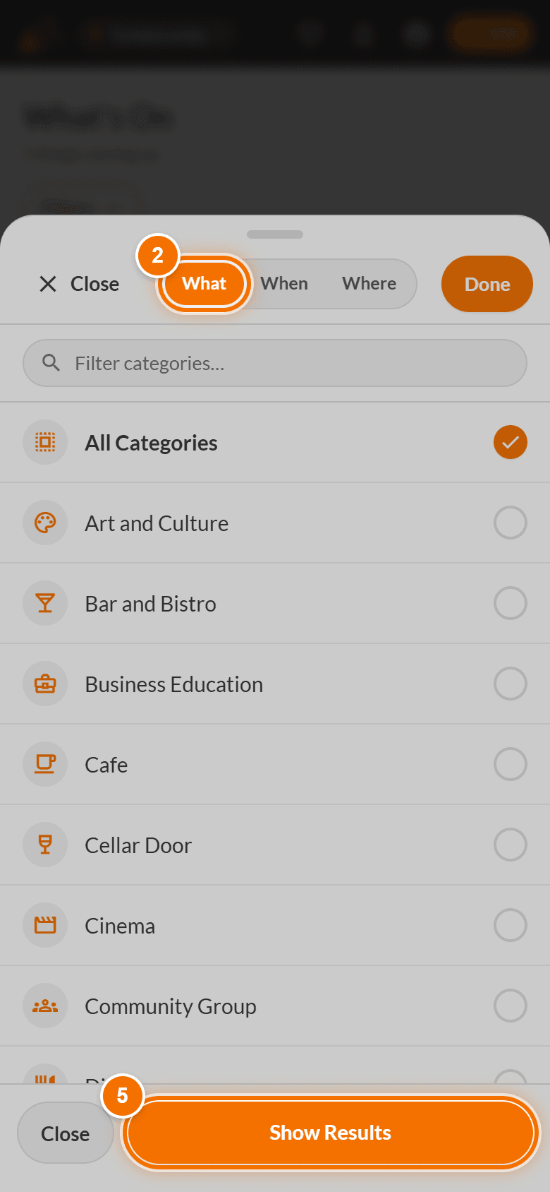 The What tab: a list of categories