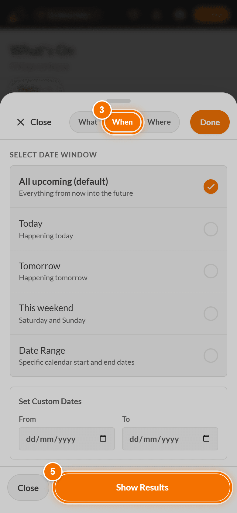 The When tab: date options