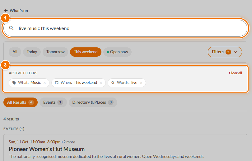 Search results for 'live music this weekend' with the filters it set