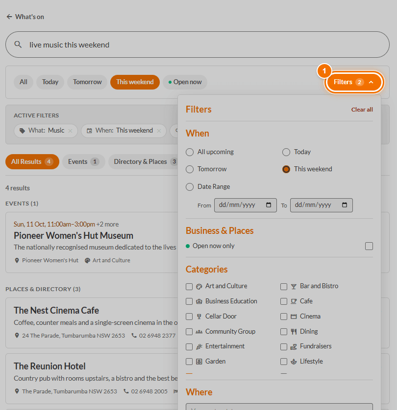 The Filters panel open beside the Filters button on the search page