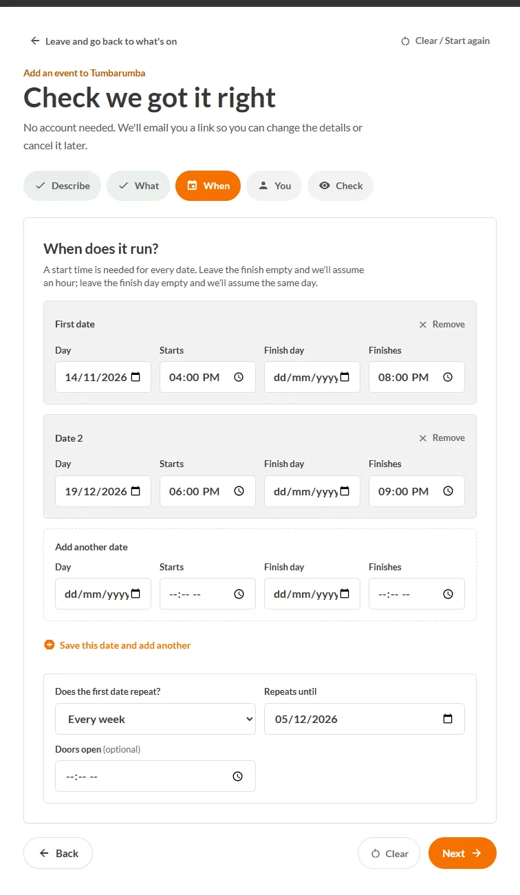 The When step with extra dates and repeat settings