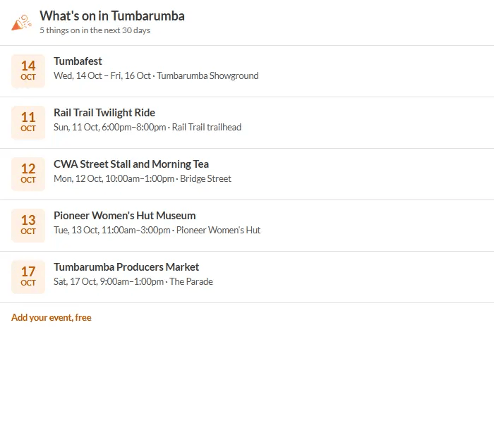 A What's On widget showing a list of upcoming events