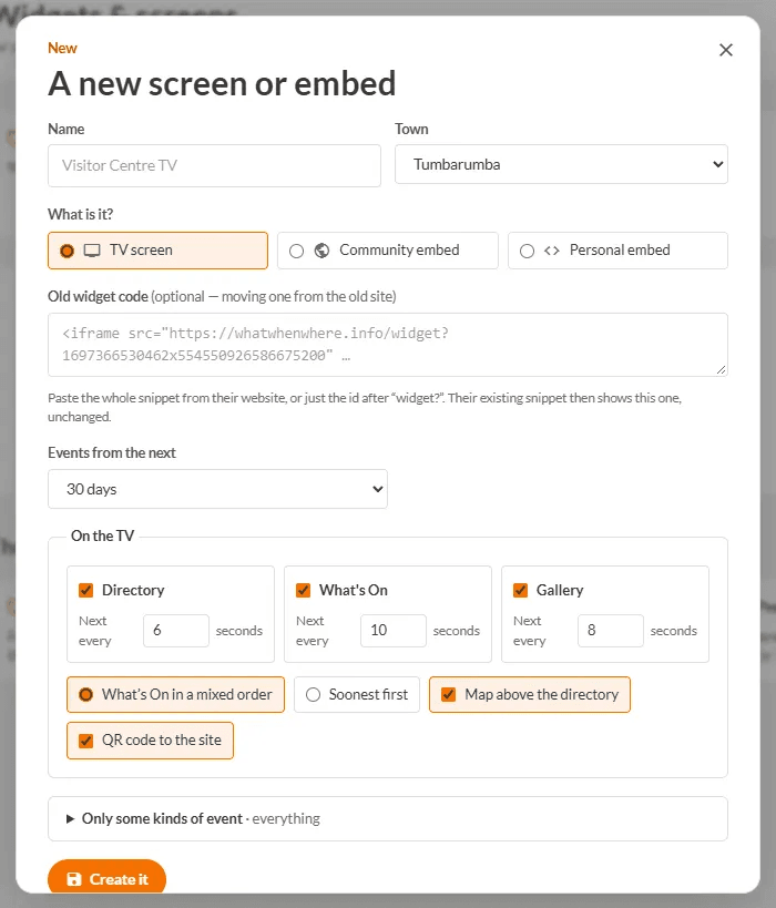 The new screen or embed form