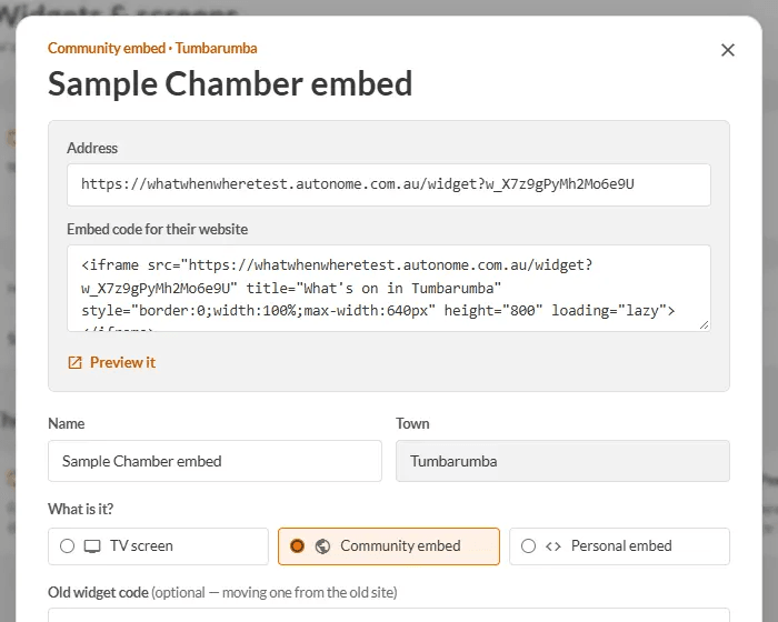The address and embed code, with a Preview link