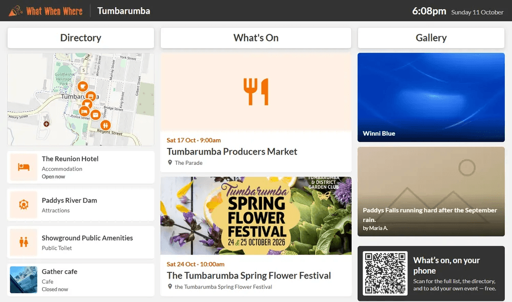 The display screen: Directory, What's On and Gallery columns with a QR code