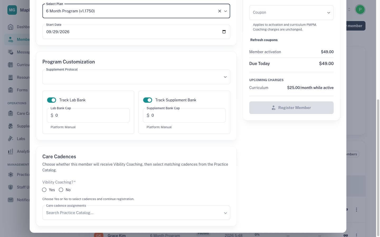 Member Information and Plan Selection filled in with demo details