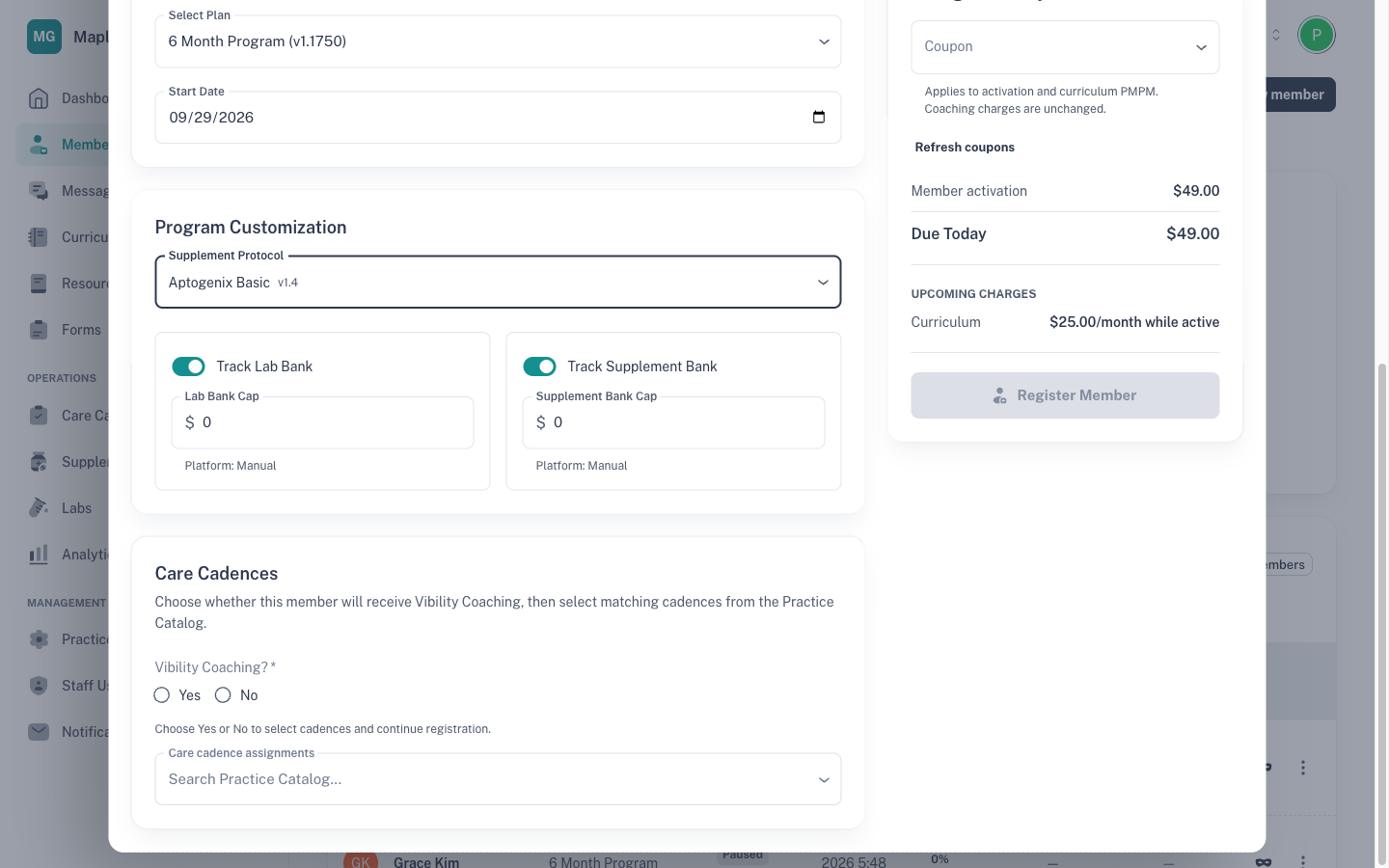 Program Customization with a supplement protocol selected and the lab and supplement banks switched on