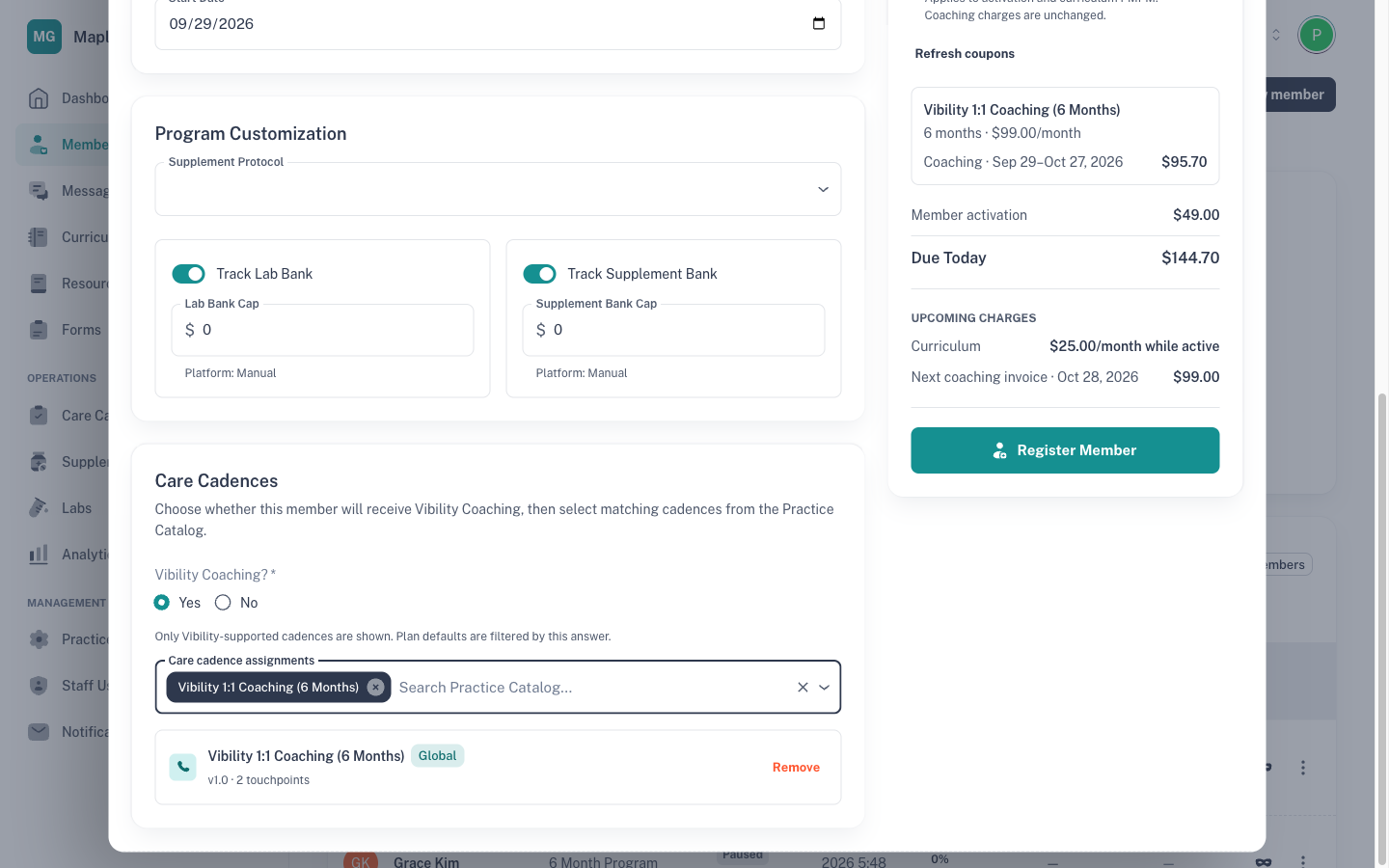 Billing Summary showing Member activation, a coaching line and Due Today