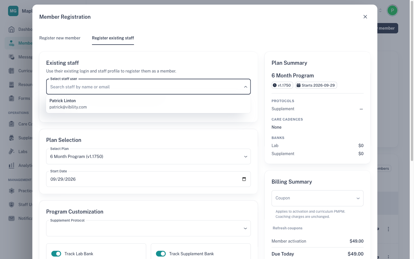 Register existing staff with the Select staff user list open